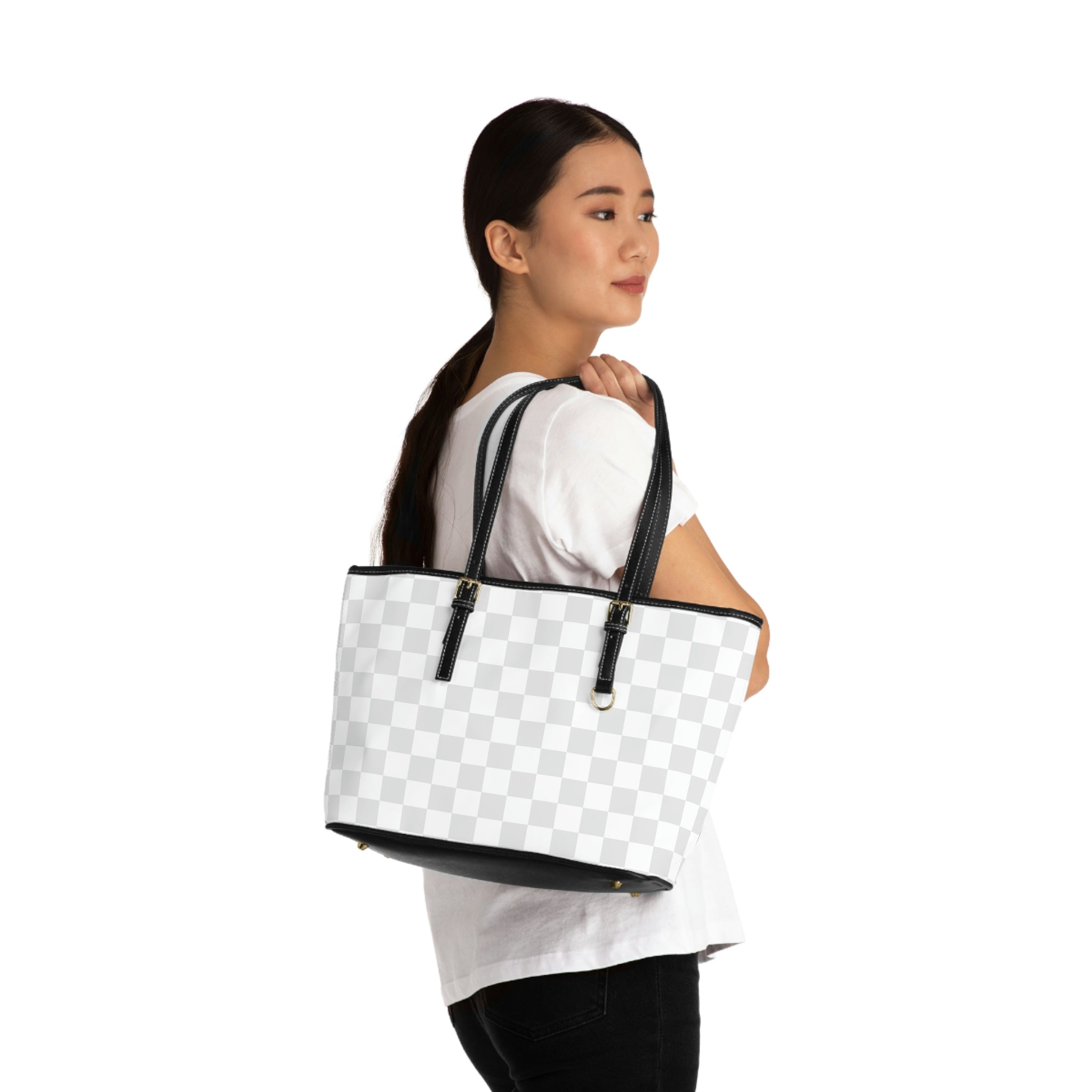 Grey White Check Print Vegan Leather