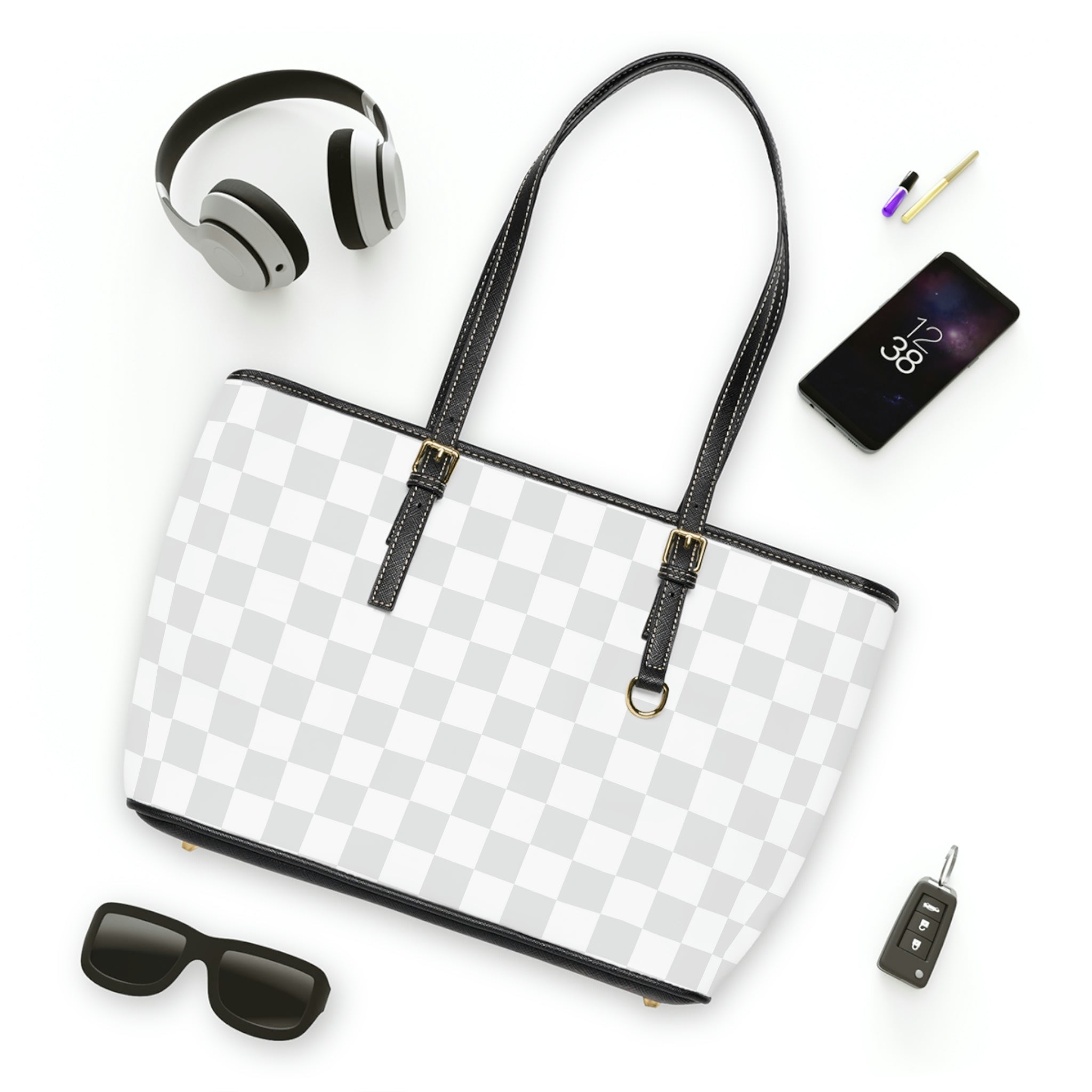 Grey White Check Print Vegan Leather